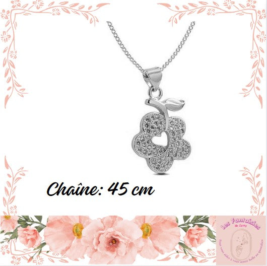 Collier rhodié pour femme de couleur argenté fleur originale et coeur creusé