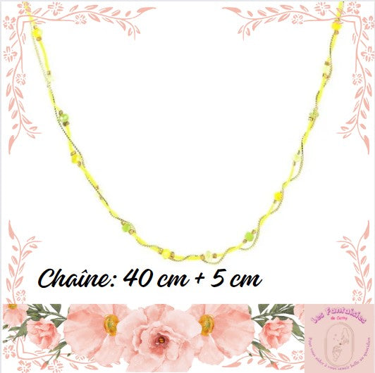 Collier fantaisie 2 rangs perles de verre fil jaune fluo