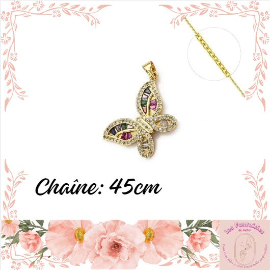 Collier chaine et pendentif zircon cubique rouge et verre papillon