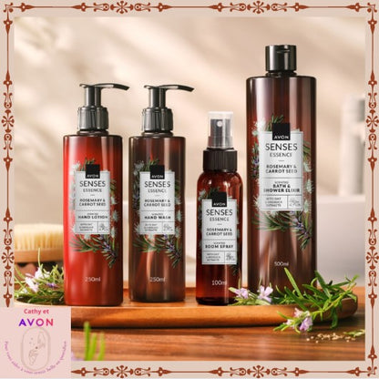 Gamme Avon Senses Romarin & Graines de Carotte – Lotion Mains, Savon Liquide & Spray Ambiance